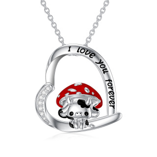 Sterling Silver Cow & Mushroom Pendant Necklace with Engraved Word-15