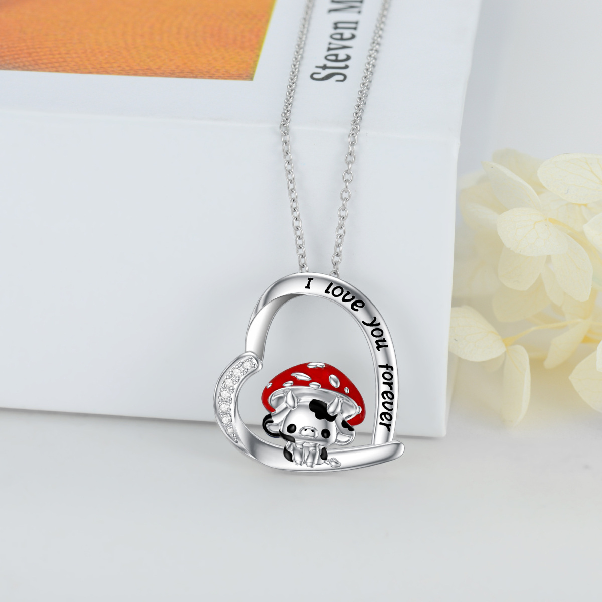 Sterling Silver Cow & Mushroom Pendant Necklace with Engraved Word-3