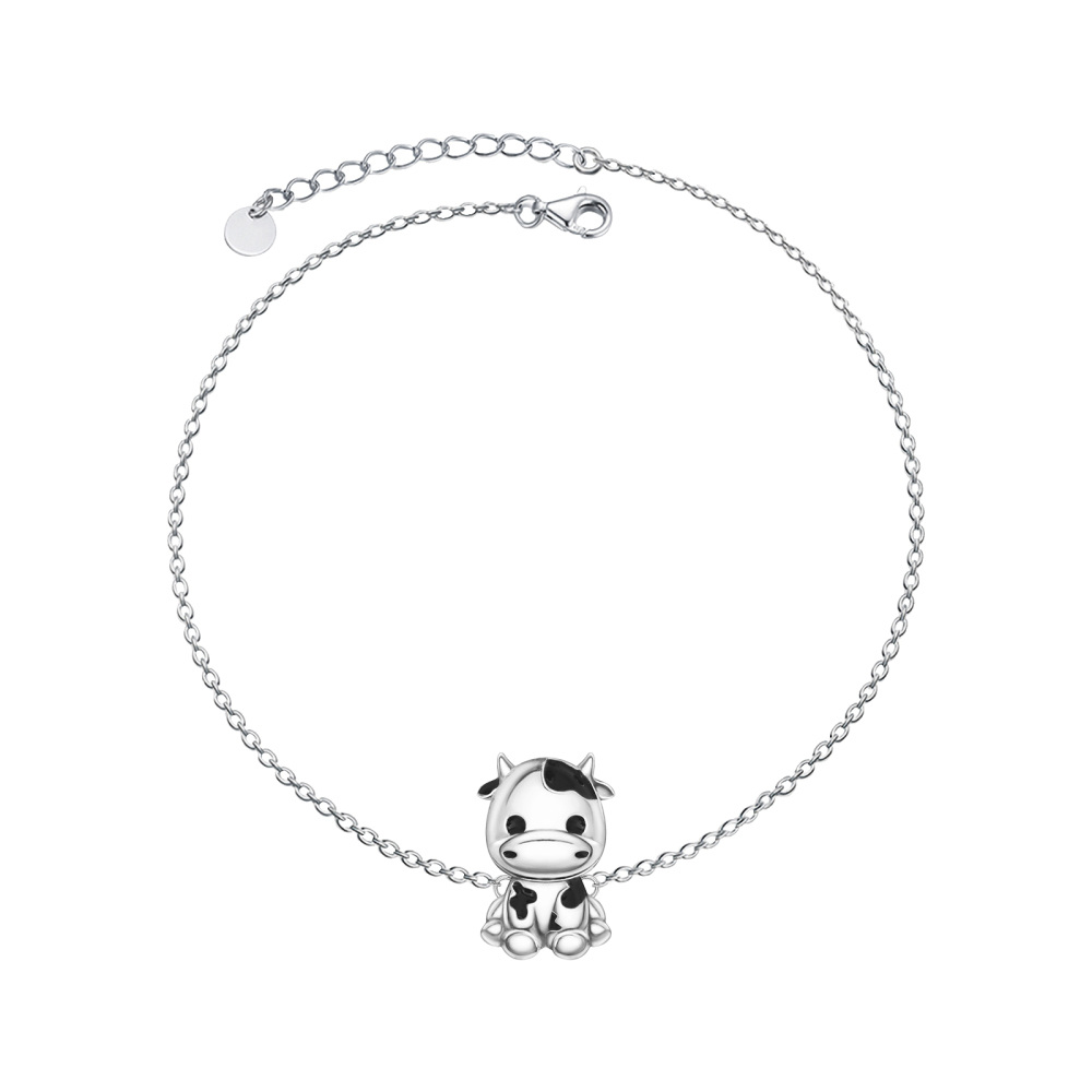 Sterling Silver Cubic Zirconia Cow Charm Bracelet-1