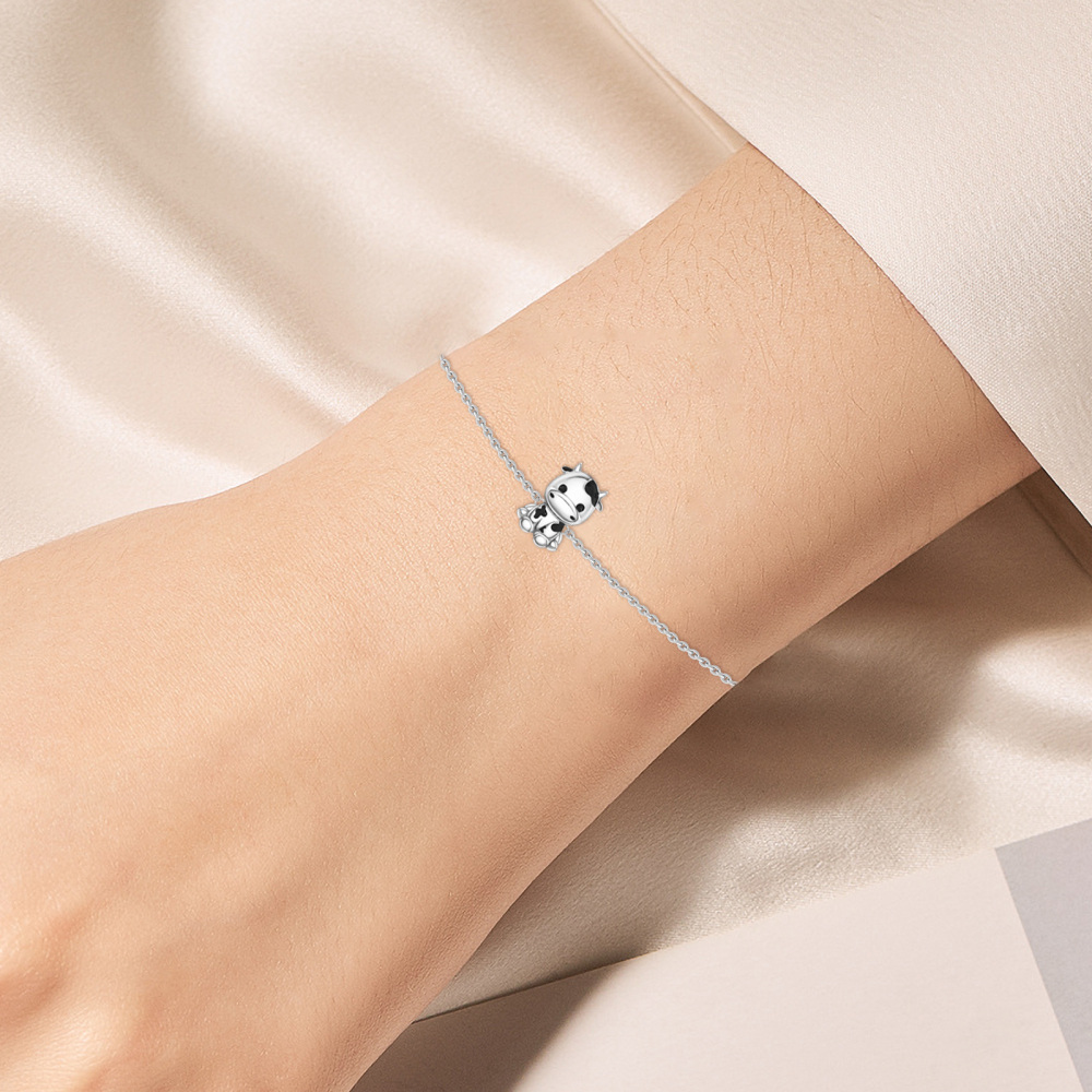 Sterling Silver Cubic Zirconia Cow Charm Bracelet-4