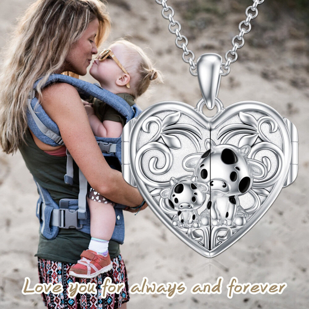 Sterling Silver Cow Personalized Photo Locket Necklace-3