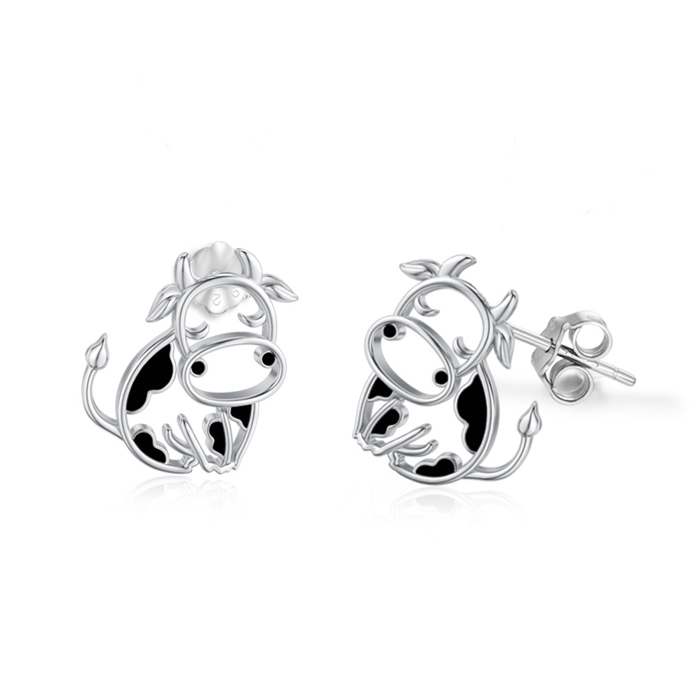 Sterling Silver Cow Stud Earrings-1