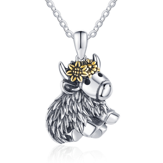 Collier en argent sterling avec pendentif vache et tournesol