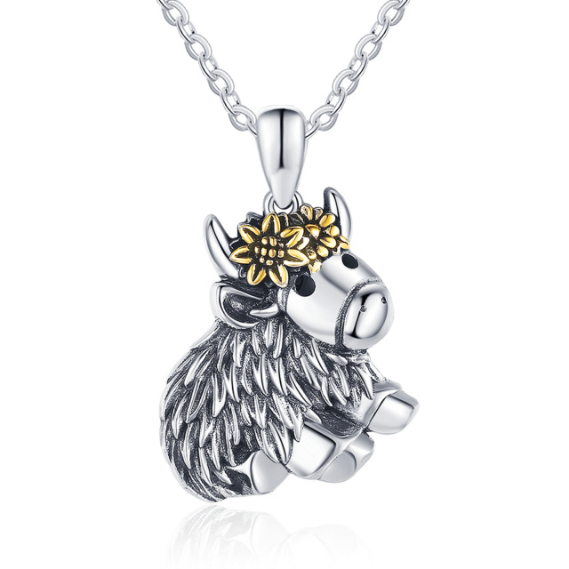 Sterling Silver Cow & Sunflower Pendant Necklace-1