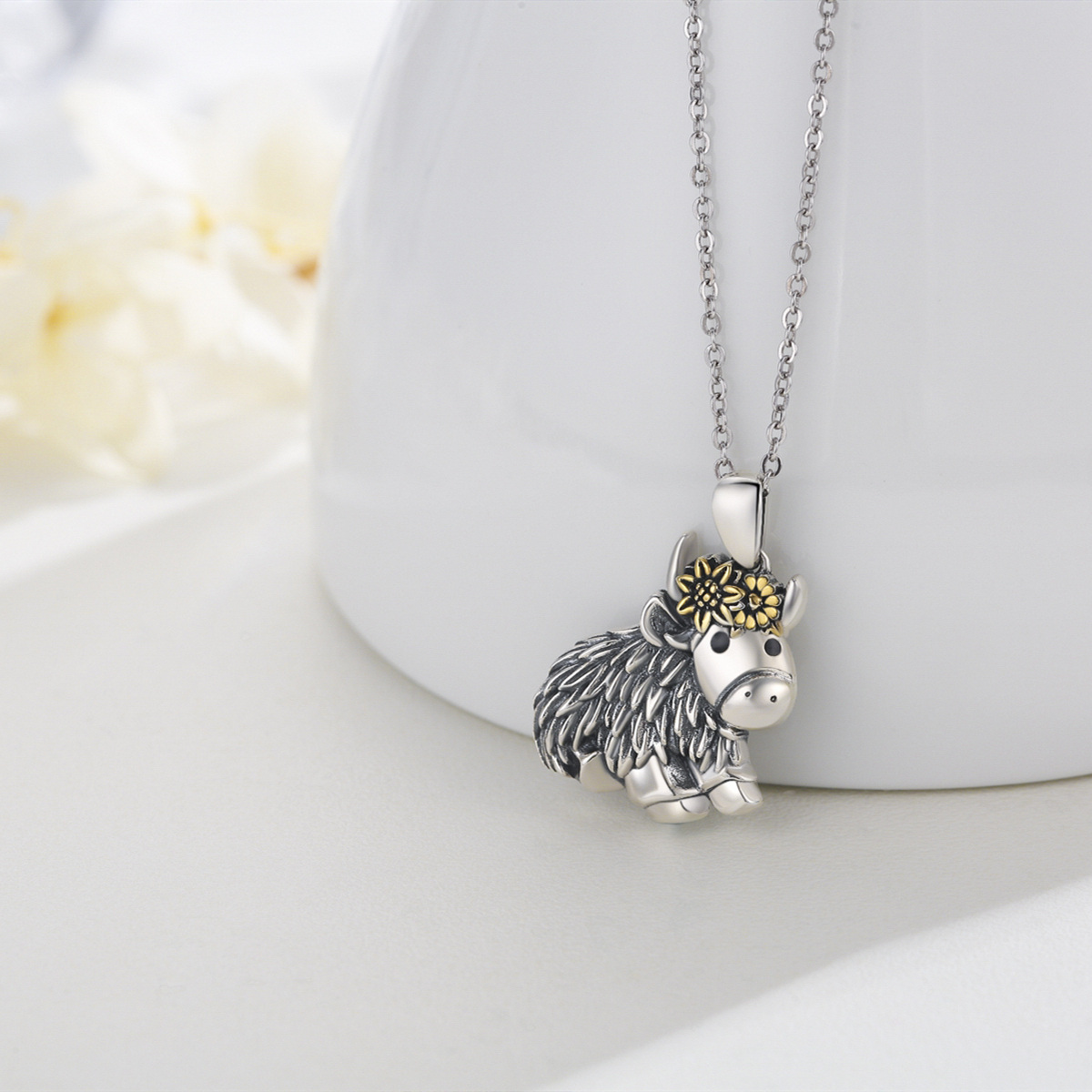 Sterling Silver Cow & Sunflower Pendant Necklace-2