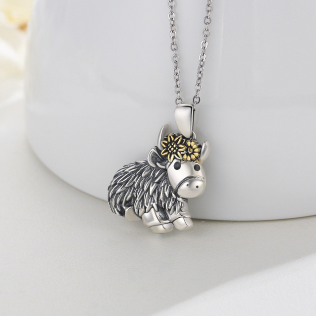 Sterling Silver Cow & Sunflower Pendant Necklace-3