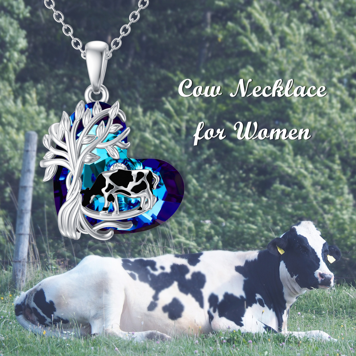 Collier en argent sterling avec pendentif vache et arbre de vie en cristal-3