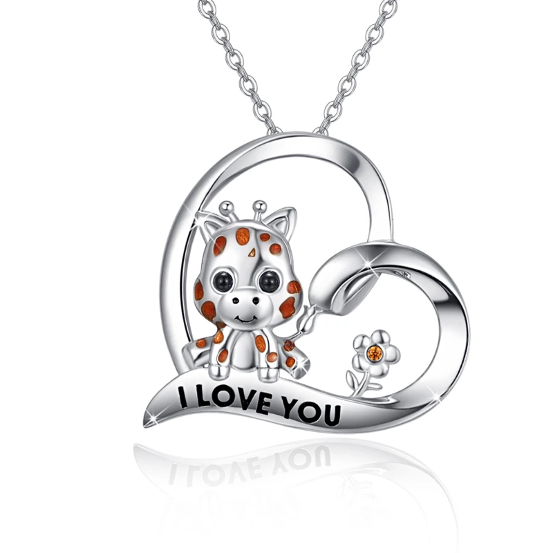 Sterling Silver Cow & Wildflowers Heart Pendant Necklace-18