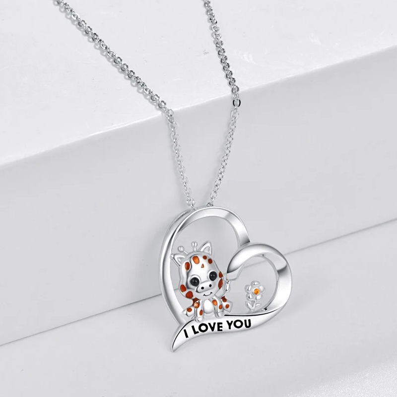 Sterling Silver Cow & Wildflowers Heart Pendant Necklace-3