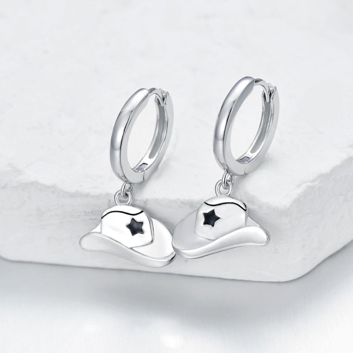 Sterling Silver Cowboy Hat Drop Earrings-3