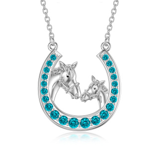 Sterling Silver Created Tourmaline Horse & Horseshoe Pendant Necklace-8