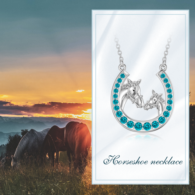 Sterling Silver Created Tourmaline Horse & Horseshoe Pendant Necklace-6