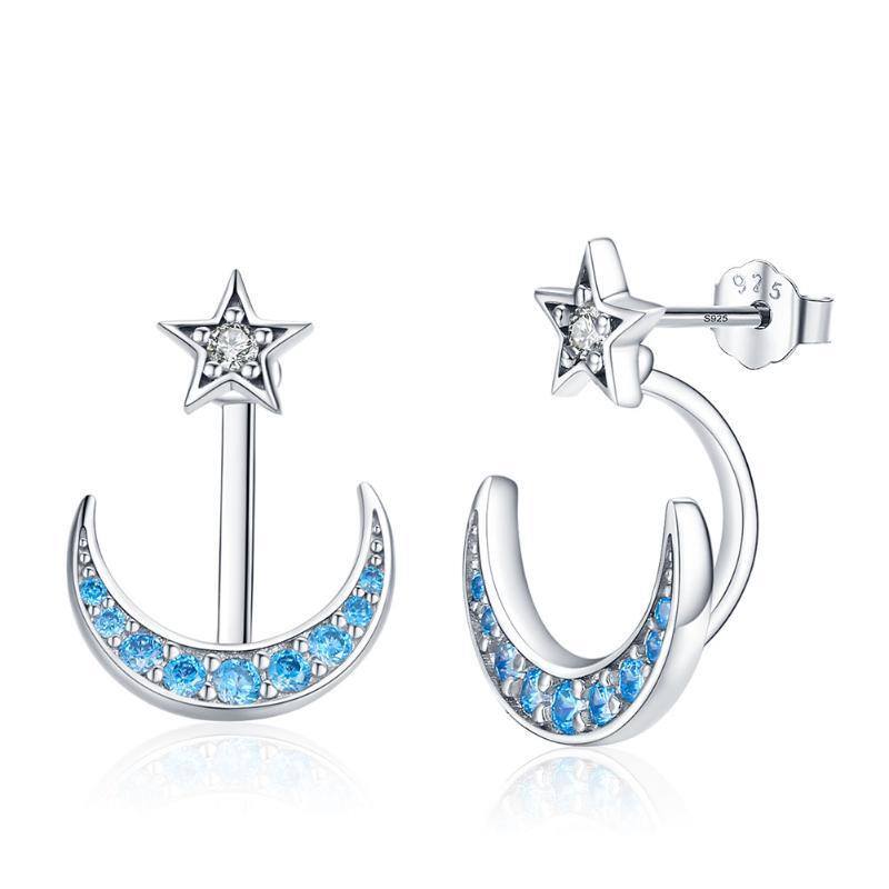 Sterling Silver Cubic Zirconia Moon & Stars Stud Earrings-1