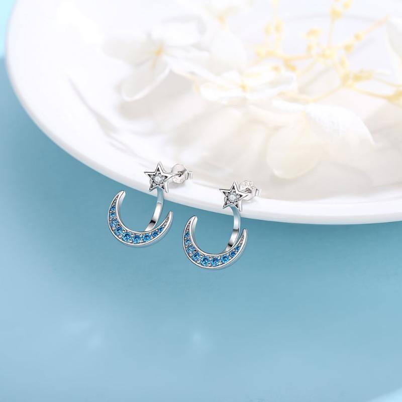 Sterling Silver Cubic Zirconia Moon & Stars Stud Earrings-3