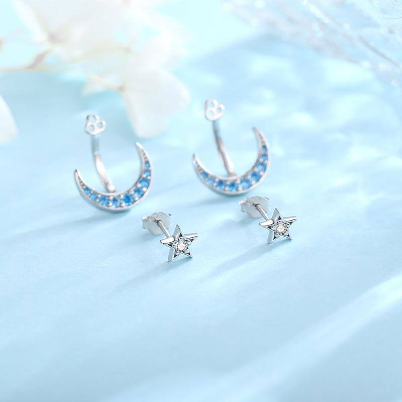 Sterling Silver Cubic Zirconia Moon & Stars Stud Earrings-5