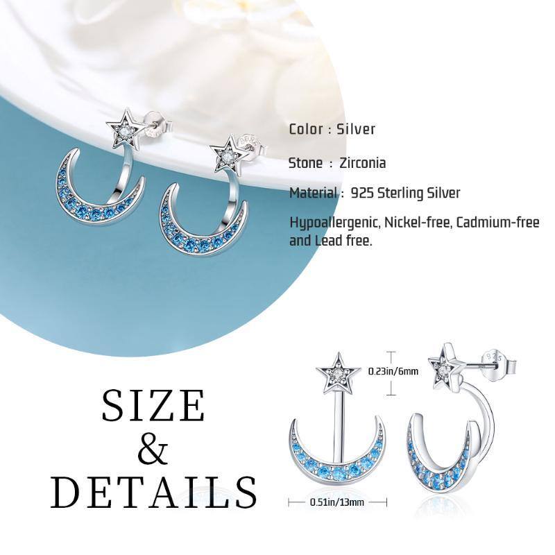 Sterling Silver Cubic Zirconia Moon & Stars Stud Earrings-6