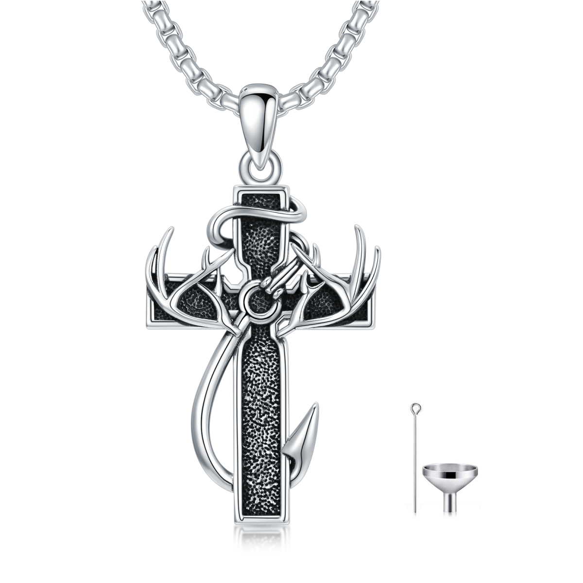 Sterling Silver Hunting Faith Fishing Cross Cremation Urn Necklace For Ashes For Men-1