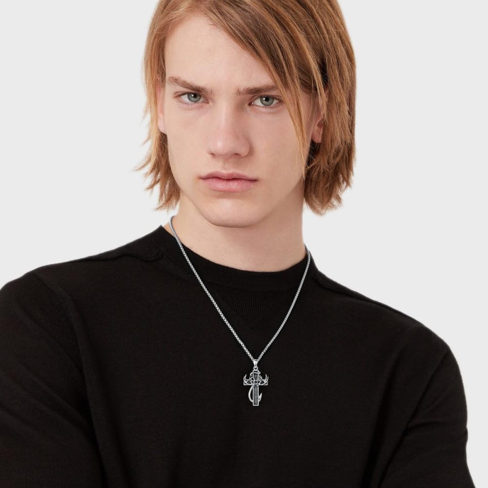 Collar de urna de cremación con cruz de pesca de fe de caza de plata de ley para cenizas para hombres-2