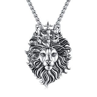 Sterling Silver Cross Crown Lion King Pendant Necklace for Men-11