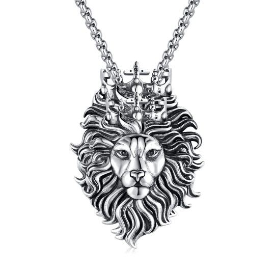 Sterling Silver Cross Crown Lion King Pendant Necklace for Men