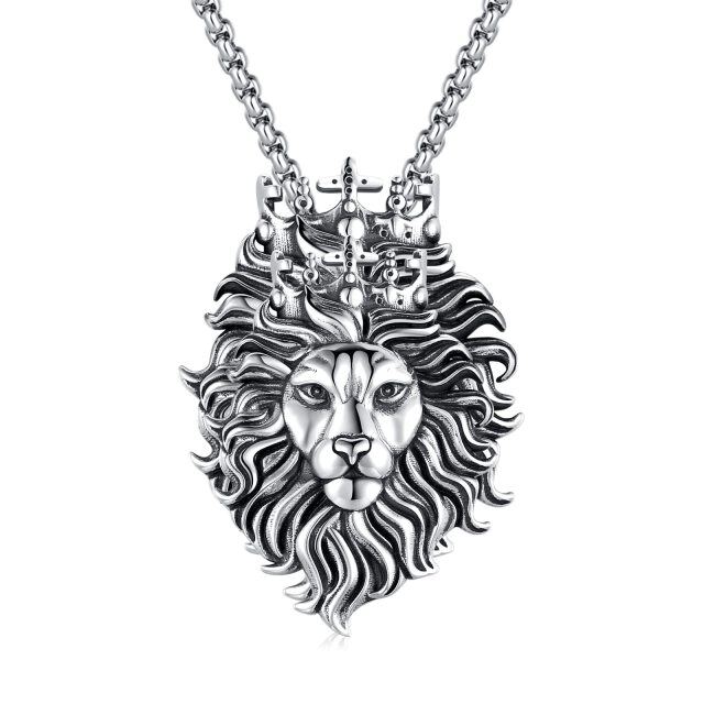 Sterling Silver Cross Crown Lion King Pendant Necklace for Men-1