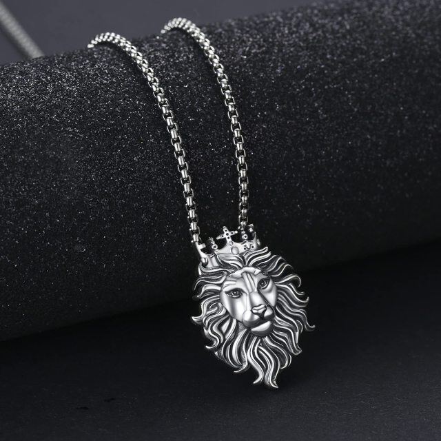 Sterling Silver Cross Crown Lion King Pendant Necklace for Men-4