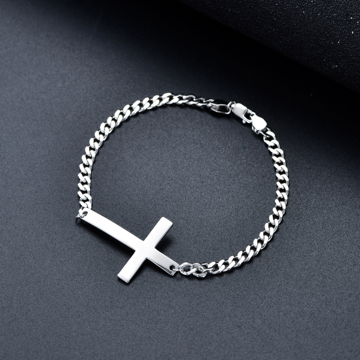 【YOURNUS】Silver Bracelet Sterling Silver Cross Curb Link Chain Bracelet