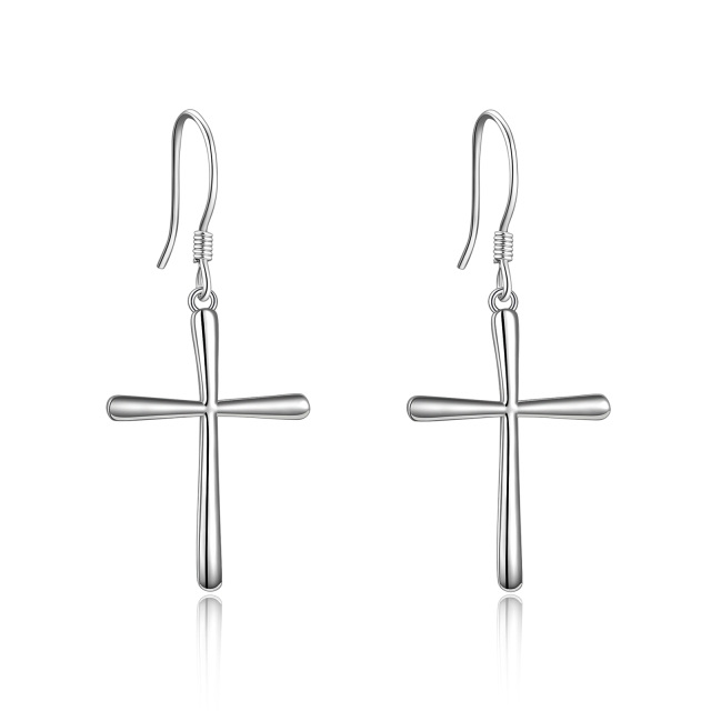 Sterling Silver Cross Drop Earrings-1