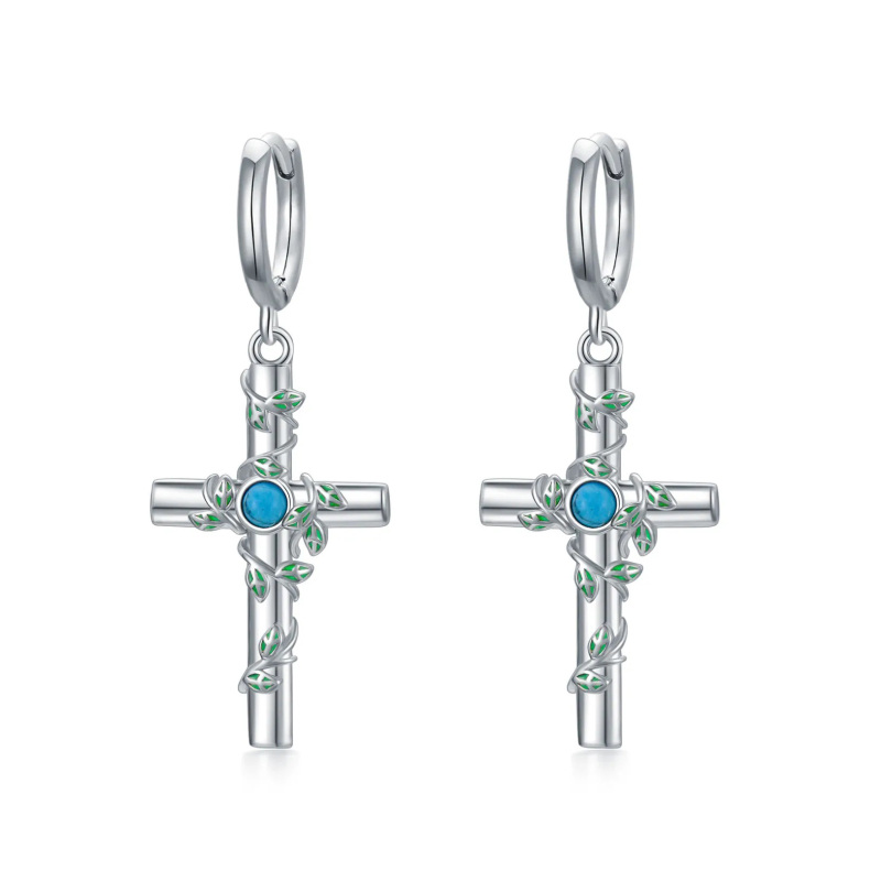 Sterling Silver Circle Turquoise Ivy & Cross Drop Earrings for Women-14