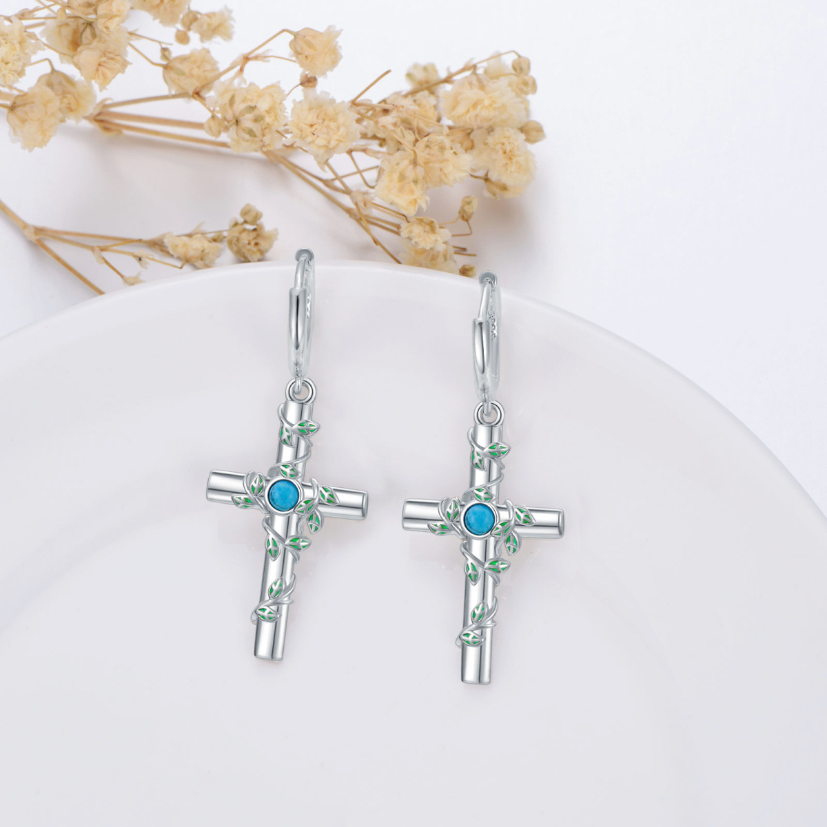 Boucles d'oreilles pendantes en argent sterling avec croix en lierre turquoise pour femmes-3