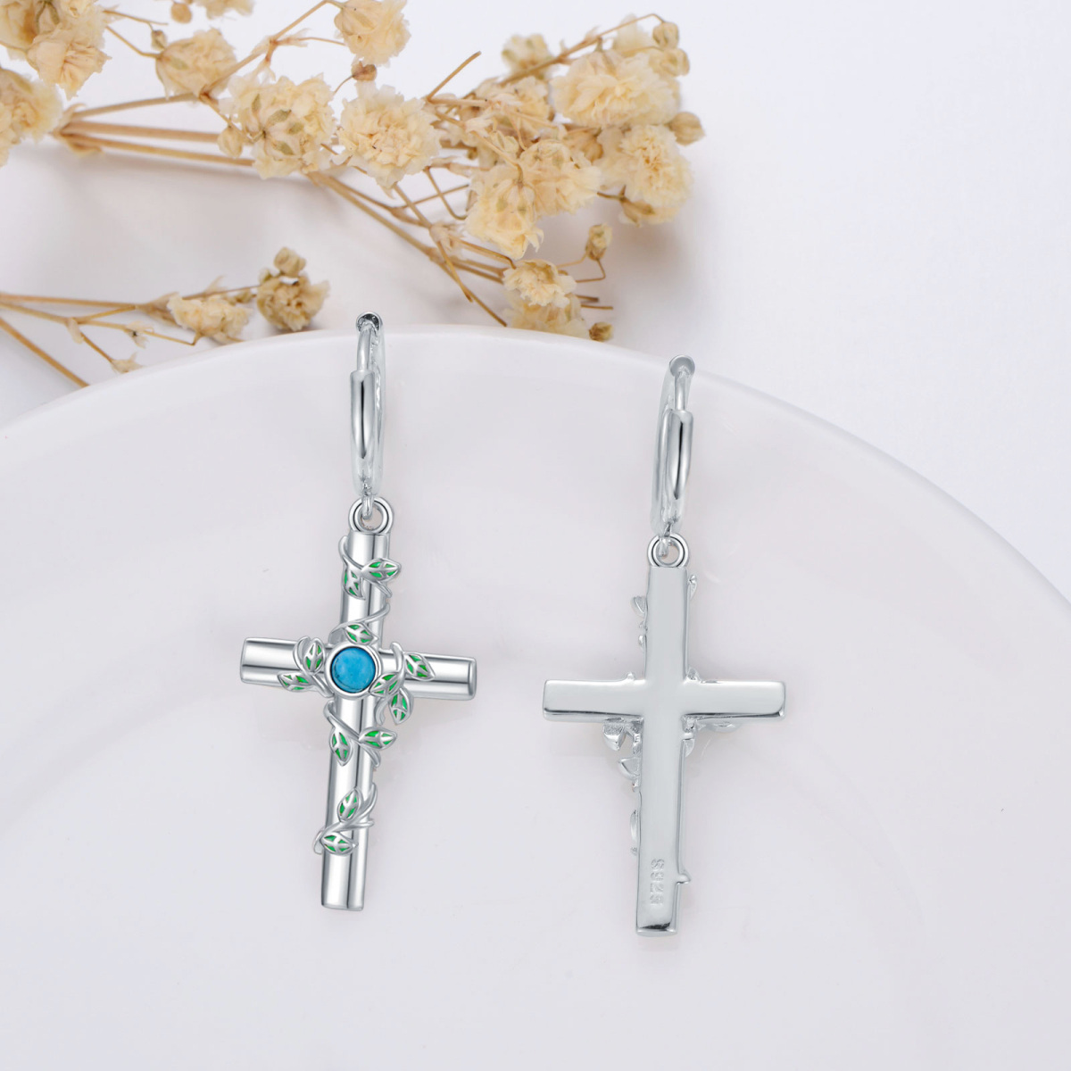 Boucles d'oreilles pendantes en argent sterling avec croix en lierre turquoise pour femmes-4