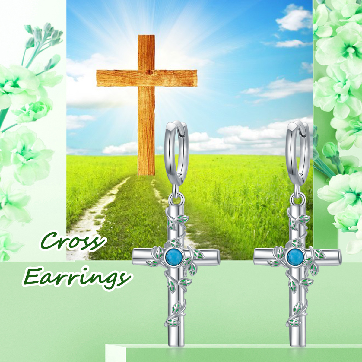 Sterling Silver Circle Turquoise Ivy & Cross Drop Earrings for Women-6