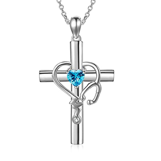 Collier en argent sterling avec croix et oxyde de zirconium en forme de cœur et d'électrocardiogramme pour femme