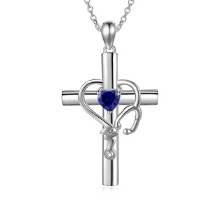 Sterling Silver Cubic Zirconia Cross Electrocardiogram Heart Necklace for Women-16