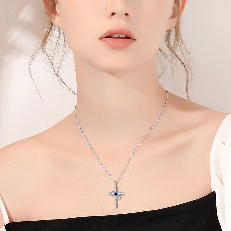 Sterling Silver Cubic Zirconia Cross Electrocardiogram Heart Necklace for Women-2