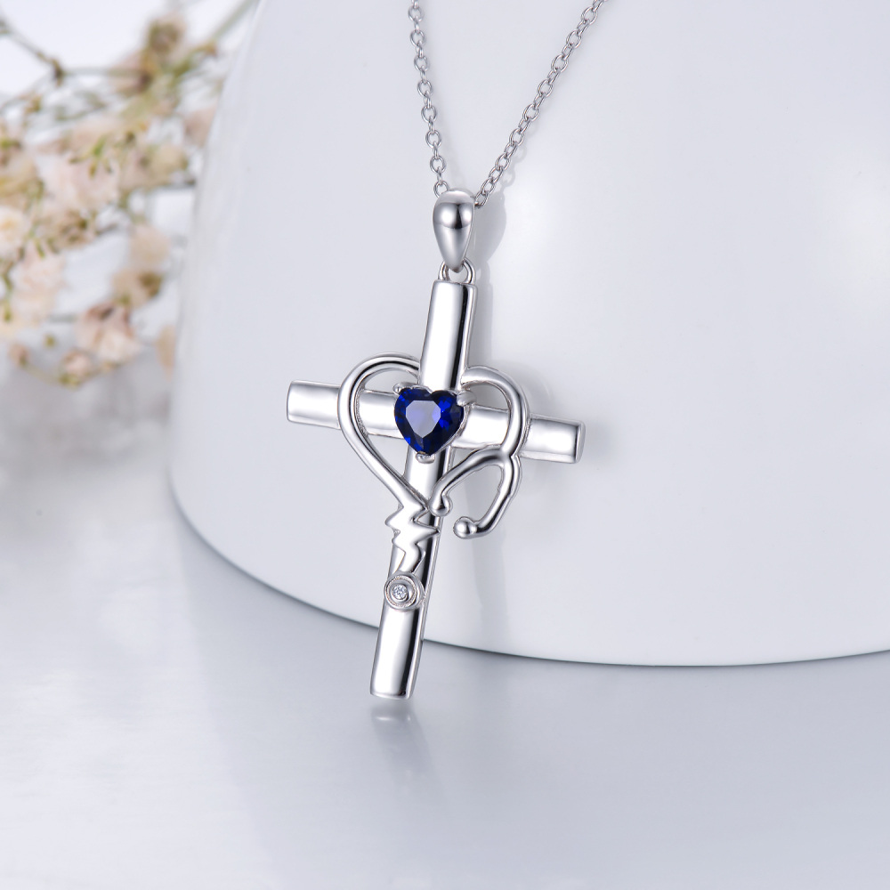 Sterling Silver Cubic Zirconia Cross Electrocardiogram Heart Necklace for Women-3