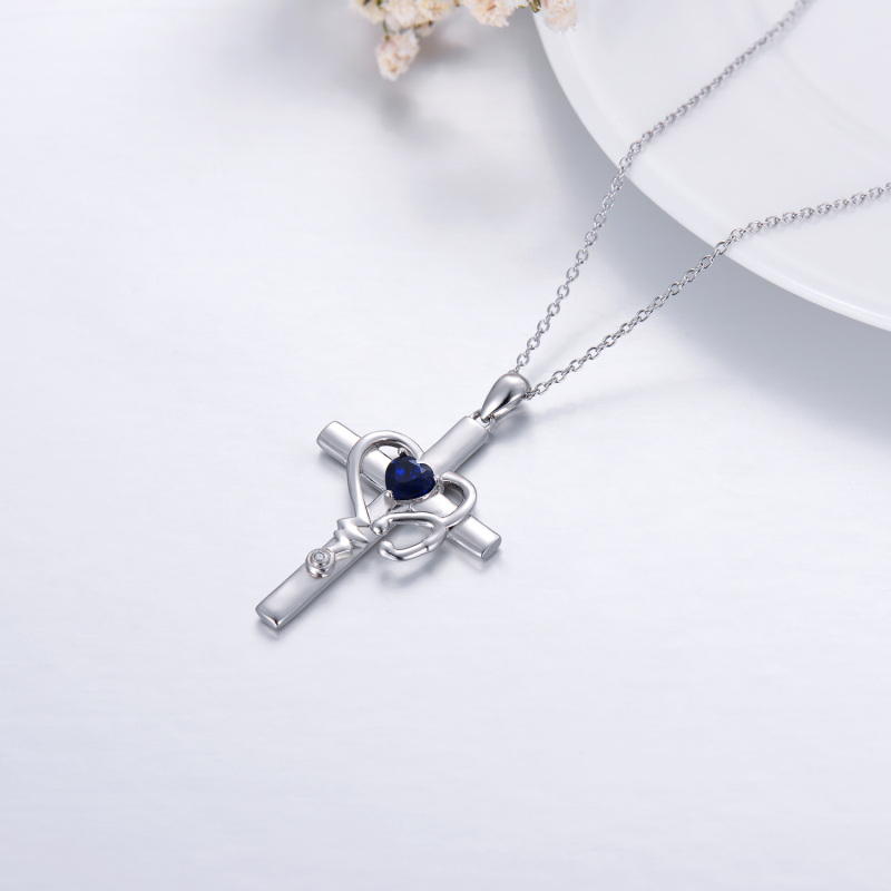 Sterling Silver Cubic Zirconia Cross Electrocardiogram Heart Necklace for Women-4