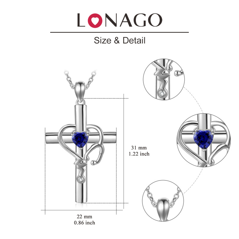 Sterling Silver Cubic Zirconia Cross Electrocardiogram Heart Necklace for Women-5