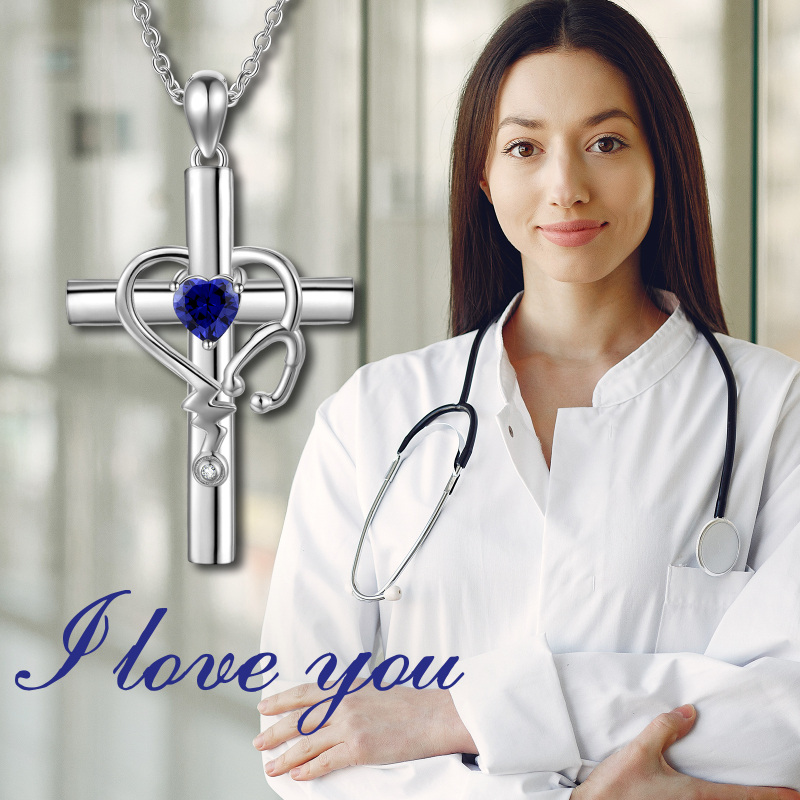Sterling Silver Cubic Zirconia Cross Electrocardiogram Heart Necklace for Women-6