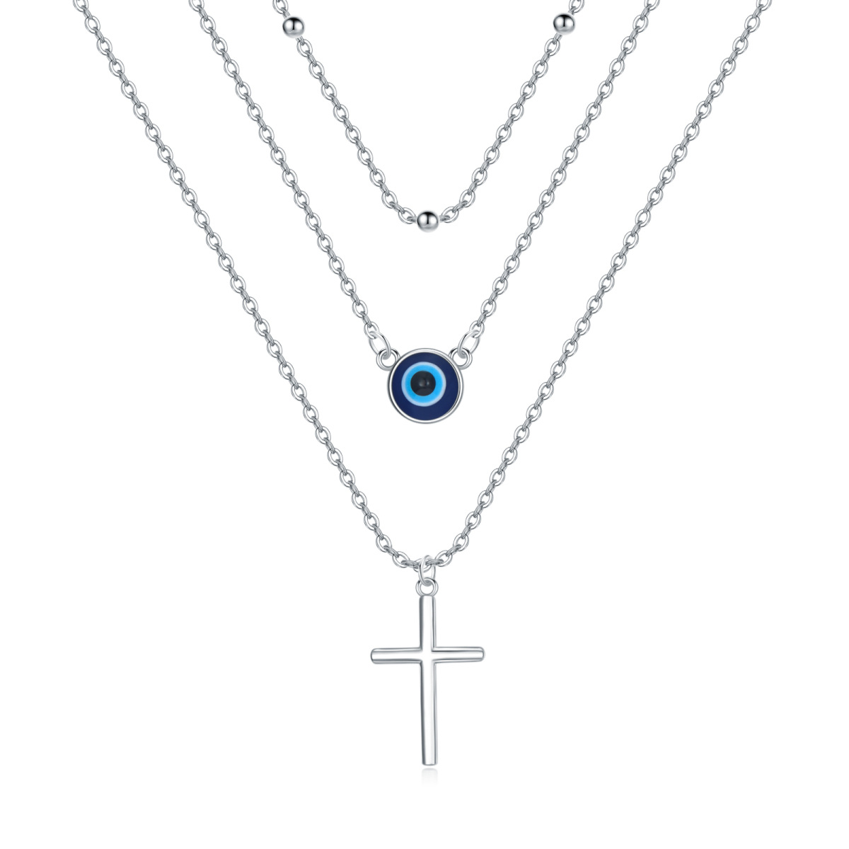 Sterling Silver Cross Evil Eye Layered Necklace-1