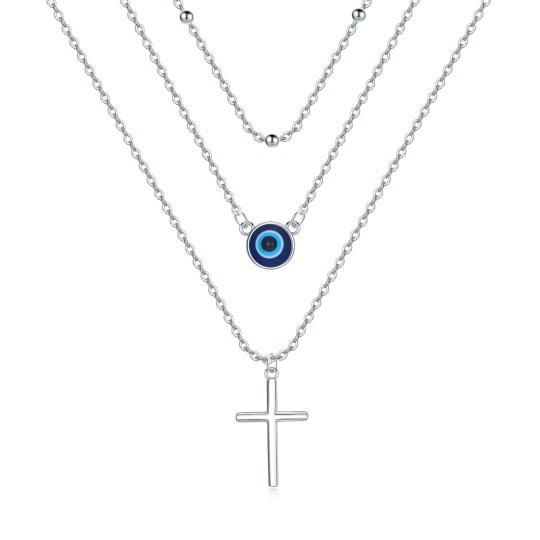 Plata de ley Cruz Evil Eye Collar en capas