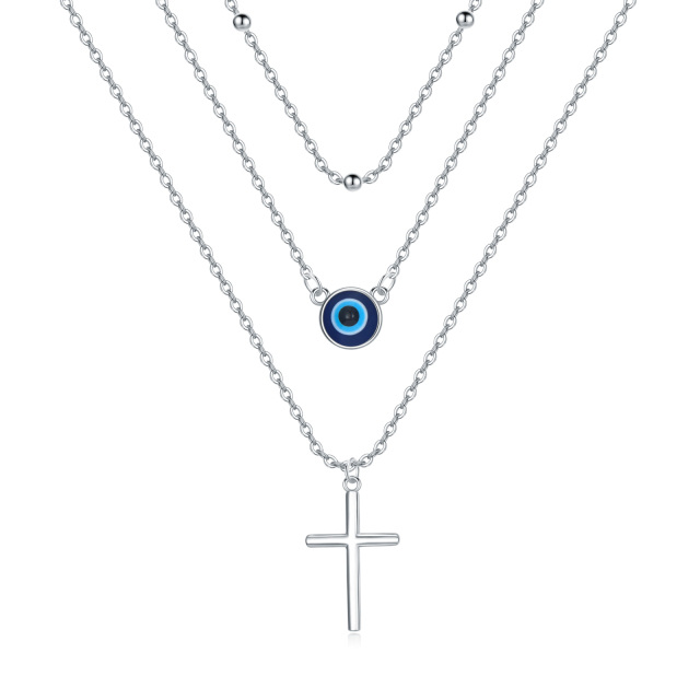 Collier superposé en argent sterling avec croix et oeil maléfique-1