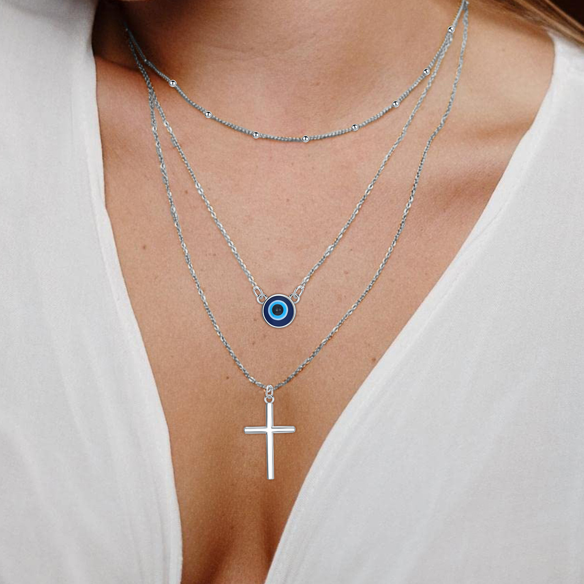 Collier superposé en argent sterling avec croix et oeil maléfique-2