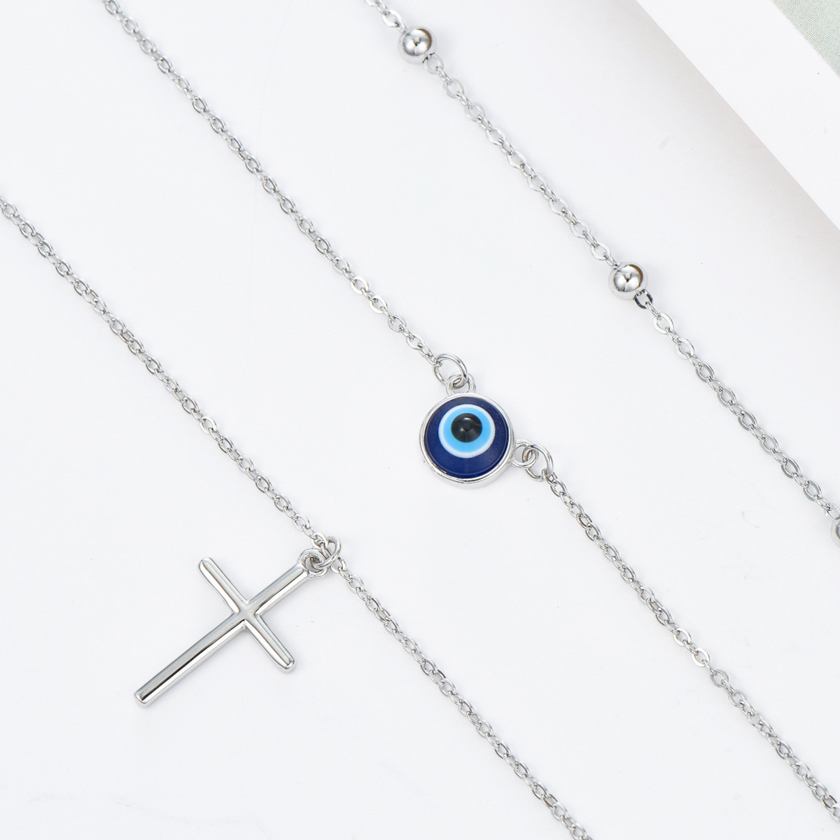 Sterling Silver Cross Evil Eye Layered Necklace-3