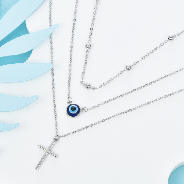 Sterling Silver Cross Evil Eye Layered Necklace-4