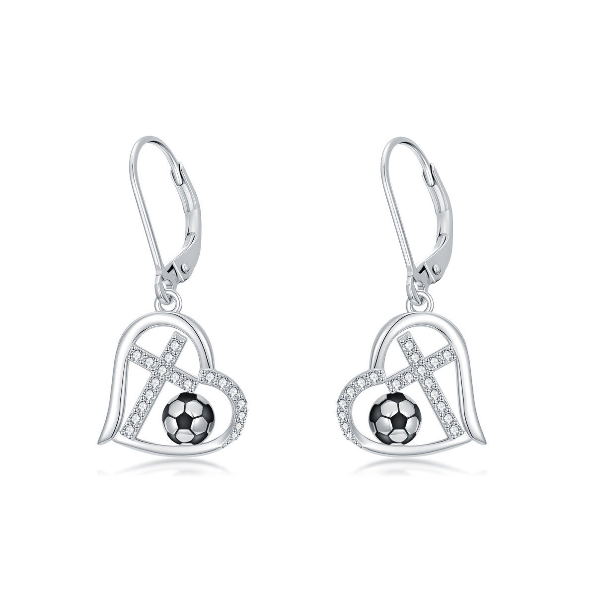 Sterling Silver Cubic Zirconia Cross & Football & Heart Lever-back Earrings-1
