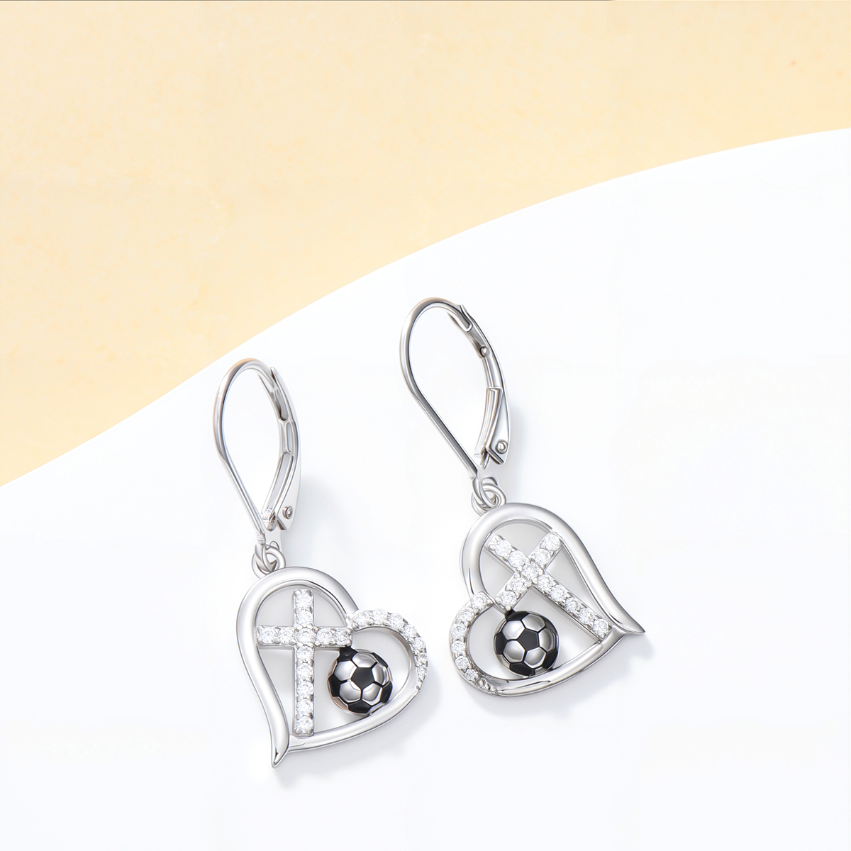 Sterling Silver Cubic Zirconia Cross & Football & Heart Lever-back Earrings-2