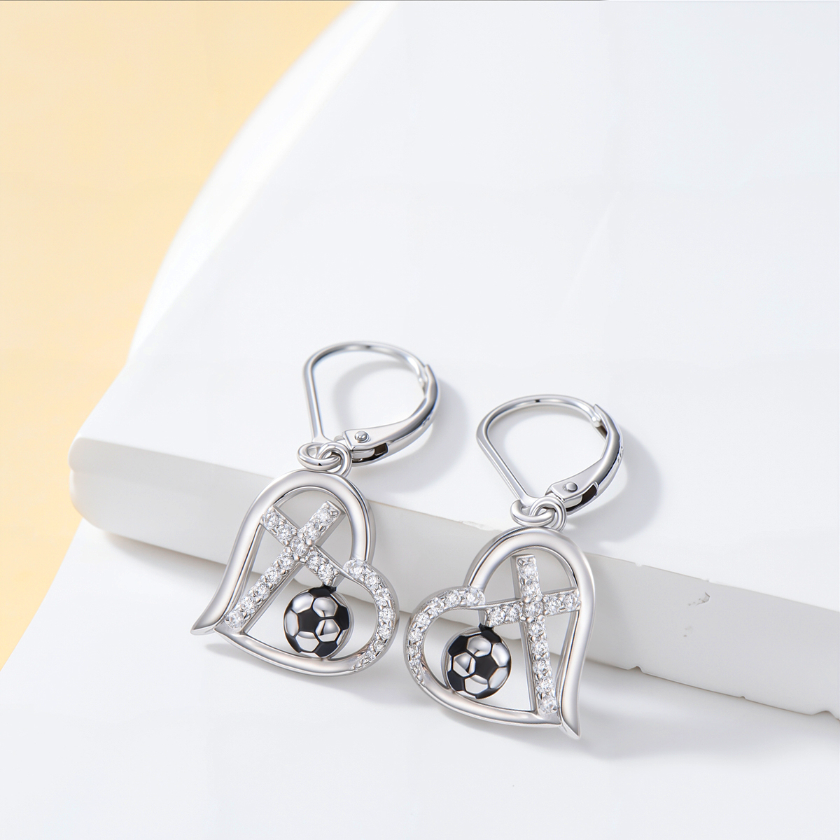 Sterling Silver Cubic Zirconia Cross & Football & Heart Lever-back Earrings-3
