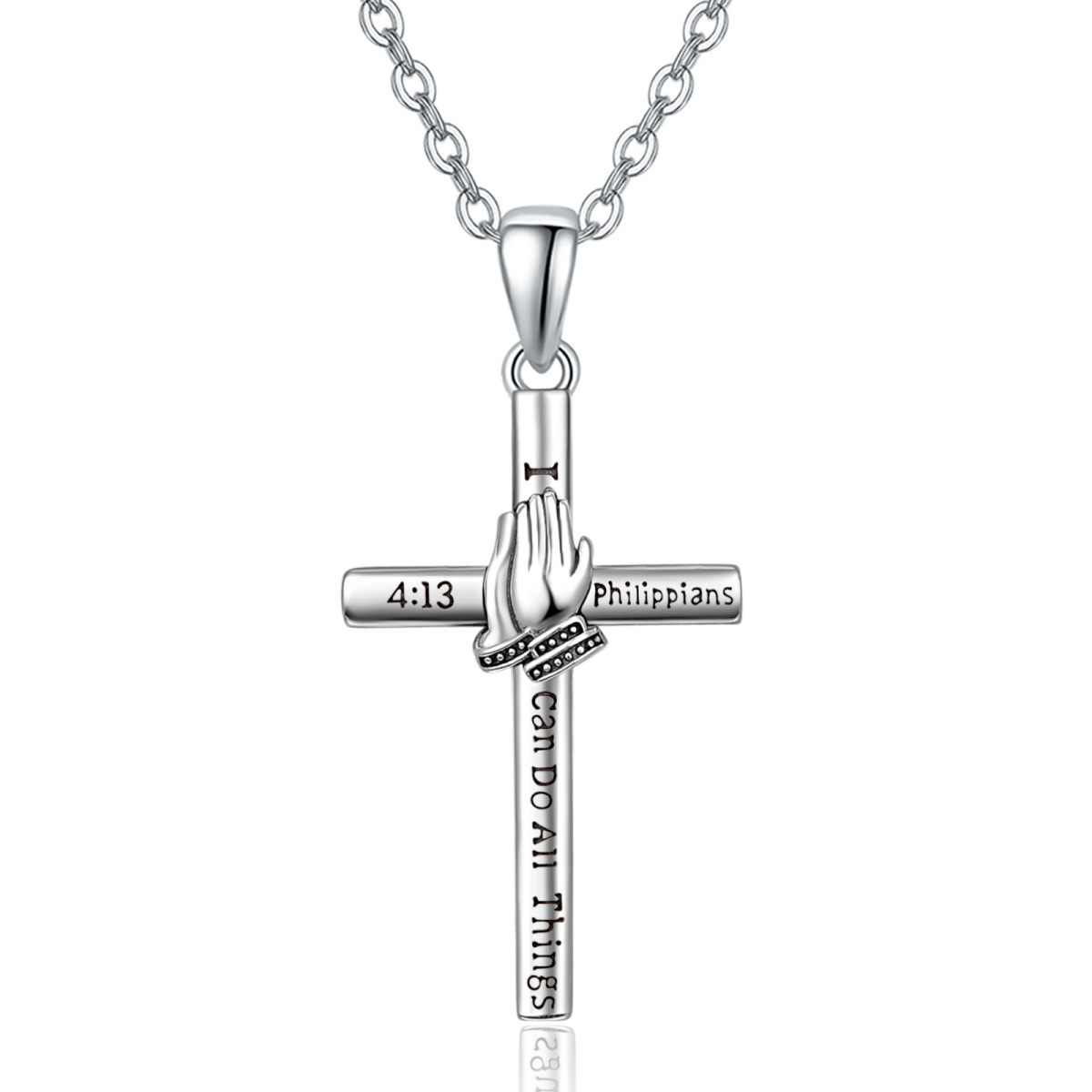 Sterling Silver Cross & Hand Praying Pendant Necklace with Engraved Word-1