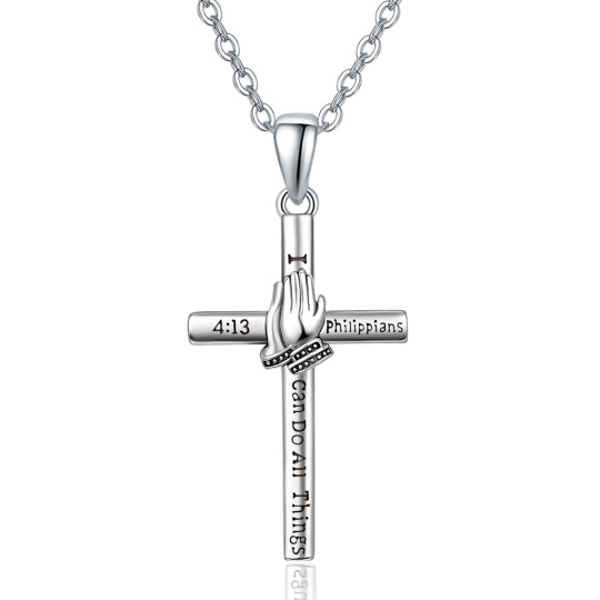 Sterling Silver Cross & Hand Praying Pendant Necklace with Engraved Word